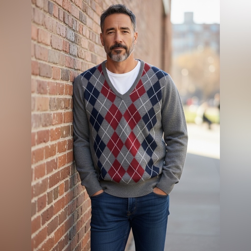 Alan Paine 100% Cashmere V-Neck Argyle Sweater